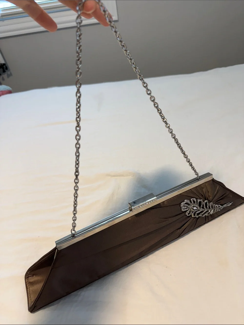Inge Christopher Satin Brown Evening Clutch with Crystal Leaf Accent